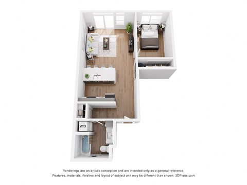 Floor plan for 1 bed, 1 bath, 655 sqft